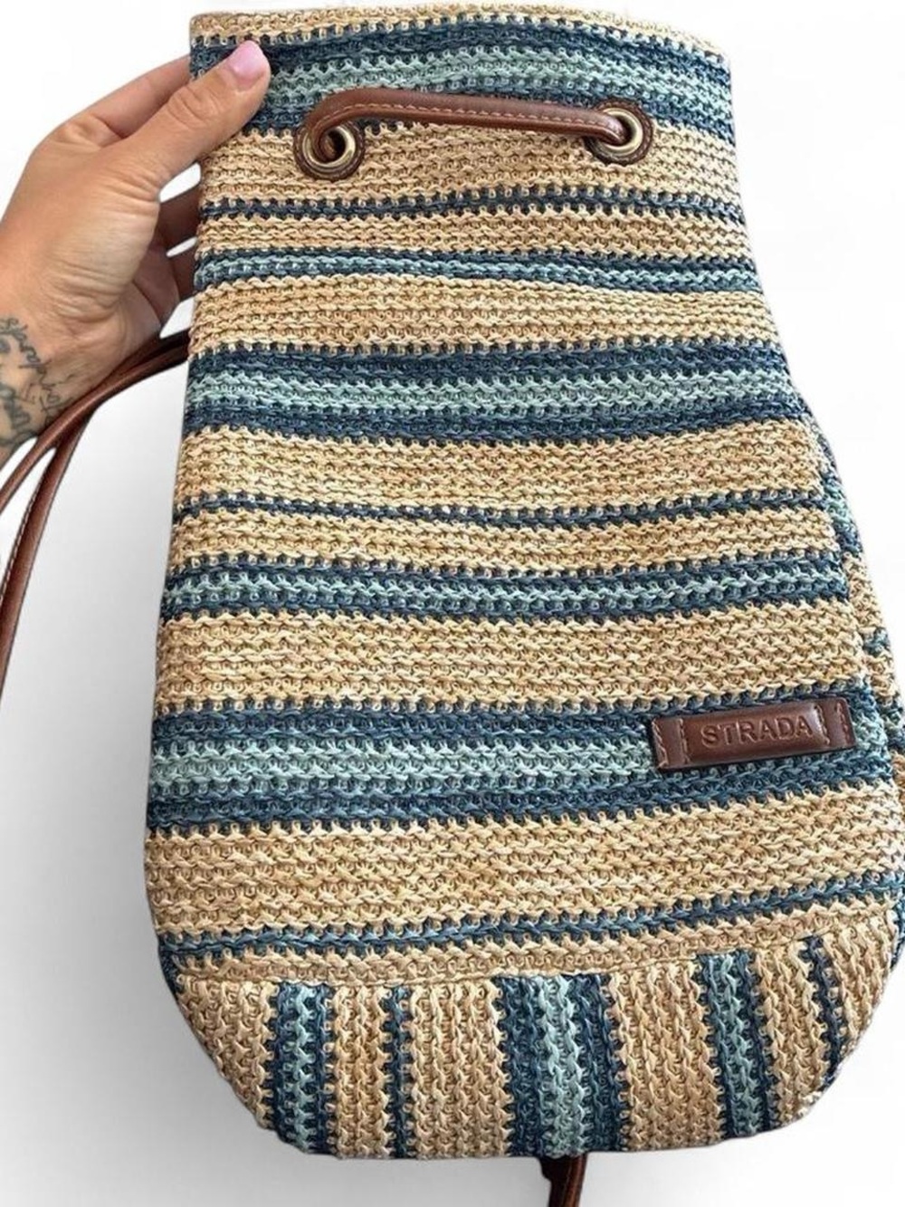Strada Blue & Tan Striped Crochet Drawstring Backpack